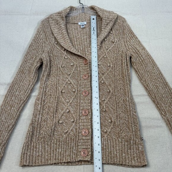 Izod Heather Tan Textured Geometric Print Knit Cardigan Sweater Shawl Collar M - Picture 10 of 13